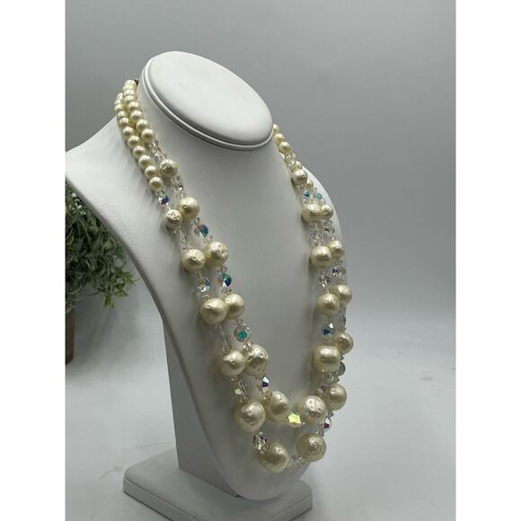 Vintage Off White Bumpy Faux Pearl and AB Rhinestone Earring and Necklace Set - Picture 3 of 9